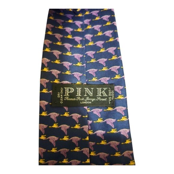 THOMAS PINK Silk Tie Navy Lavender Bird Print - Picture 5 of 7